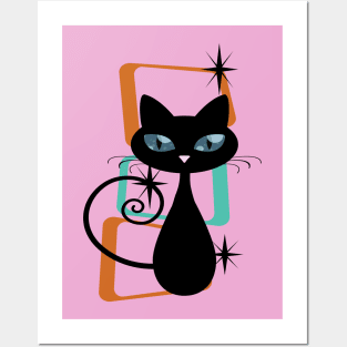 Retro Kitty Cat against Atomic Minimalistic Background Posters and Art